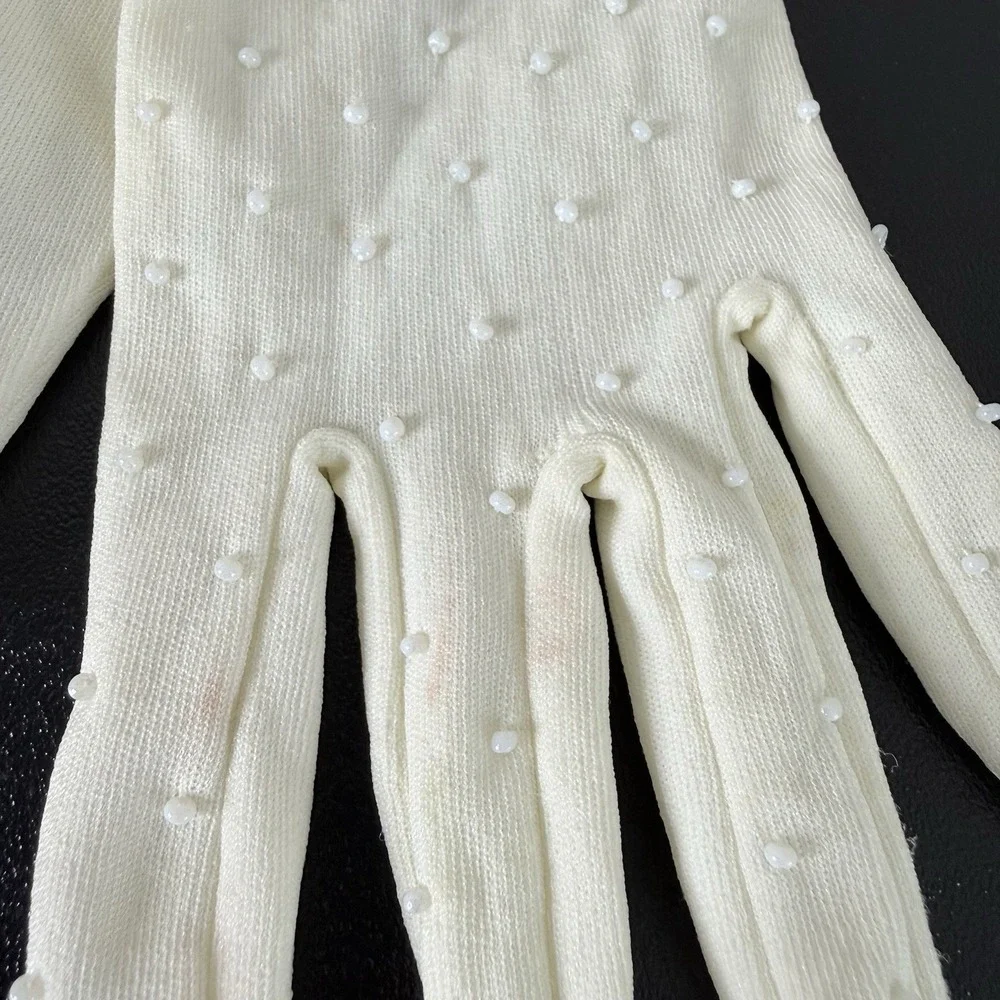 Vintage Ivory Beaded Faux Pearl Stretch Gloves Bridal Wedding Formal One Size